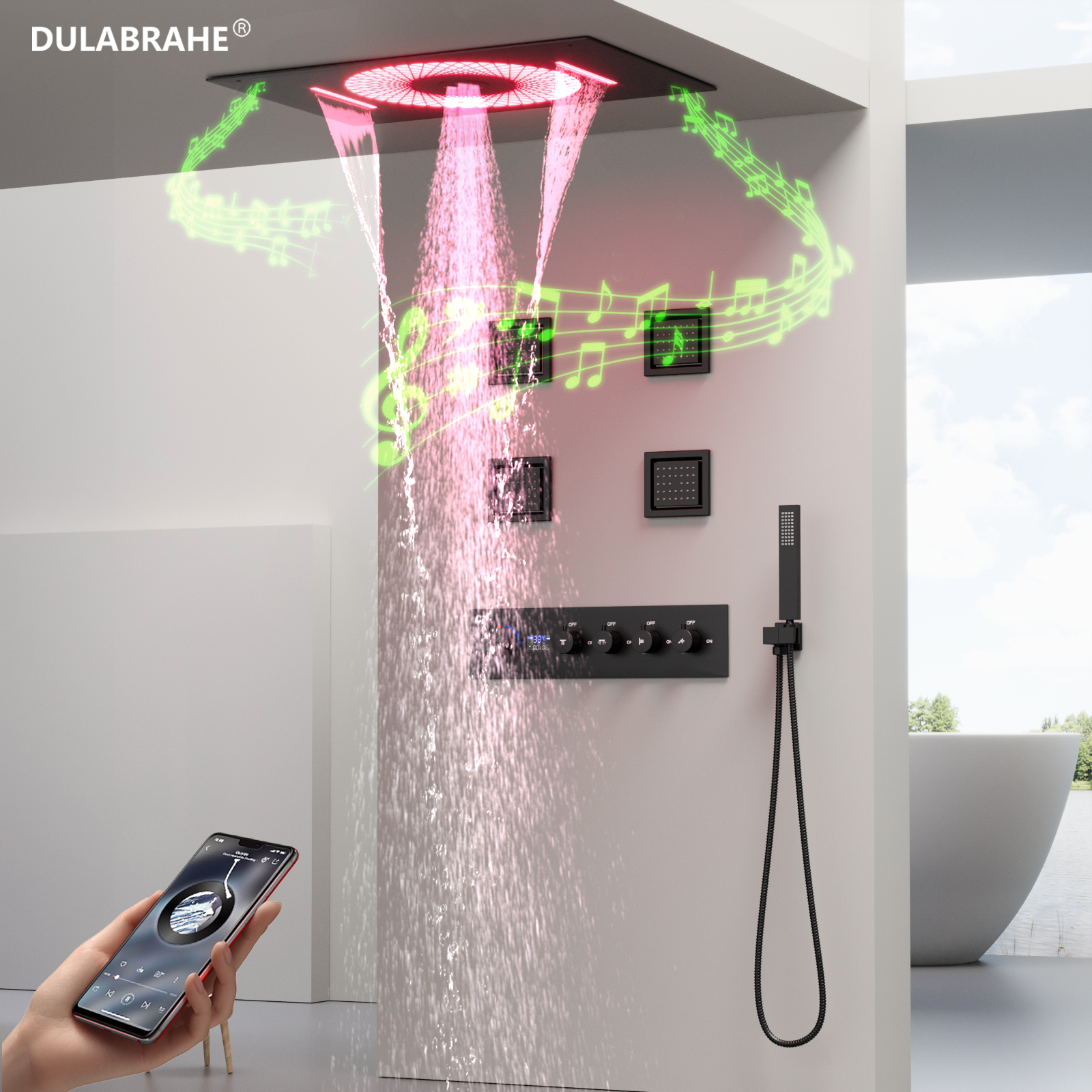 LED Smart Hot & Cold Diverter ValveWater Shower System Faucet Brass Square Modern Home Hotel Brushed Gold Shower Set Body Shower Head