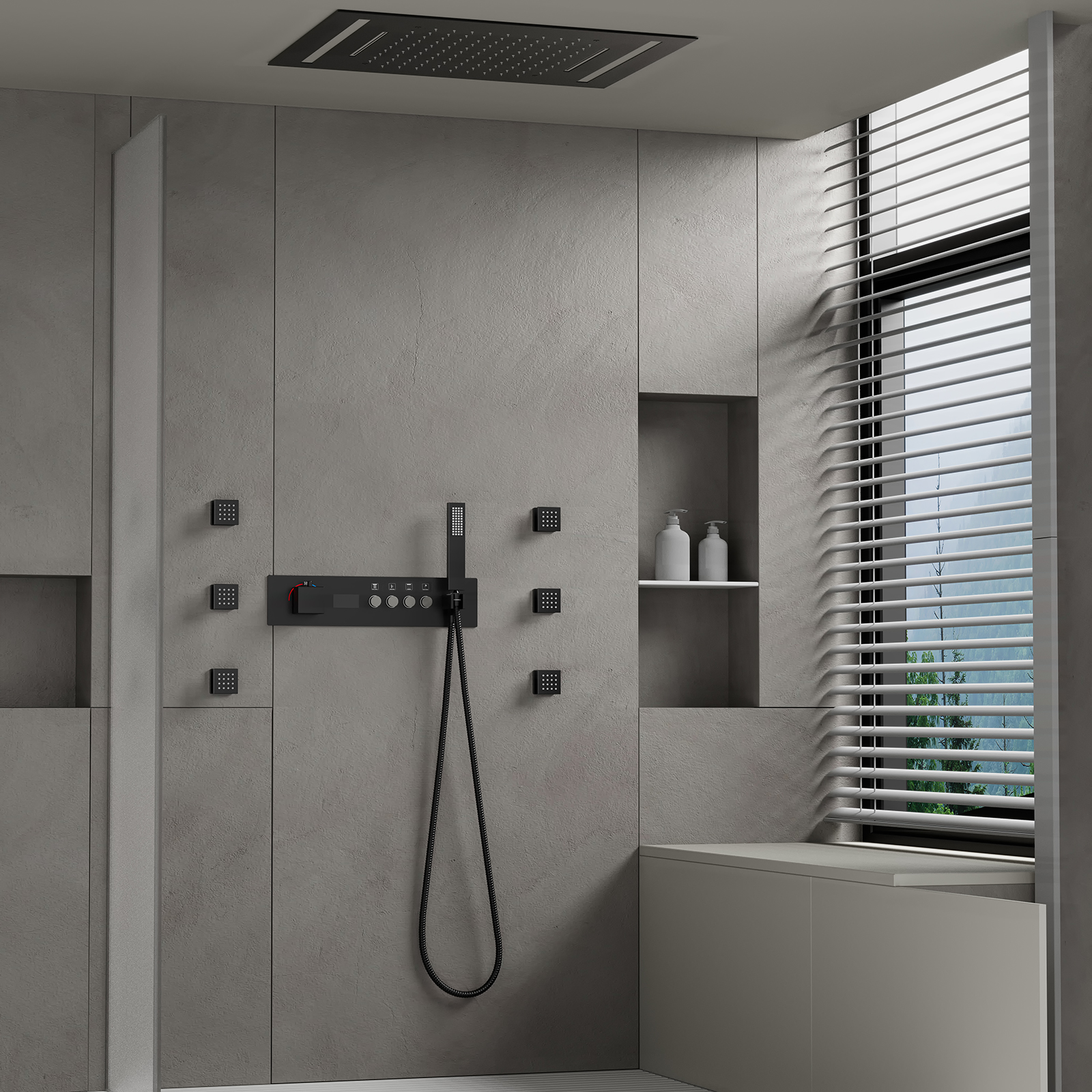 Modern Bathroom LED Shower Head 500*360MM Rain Shower Waterfall Ceiling Type Thermostatic Shower Valve Set
