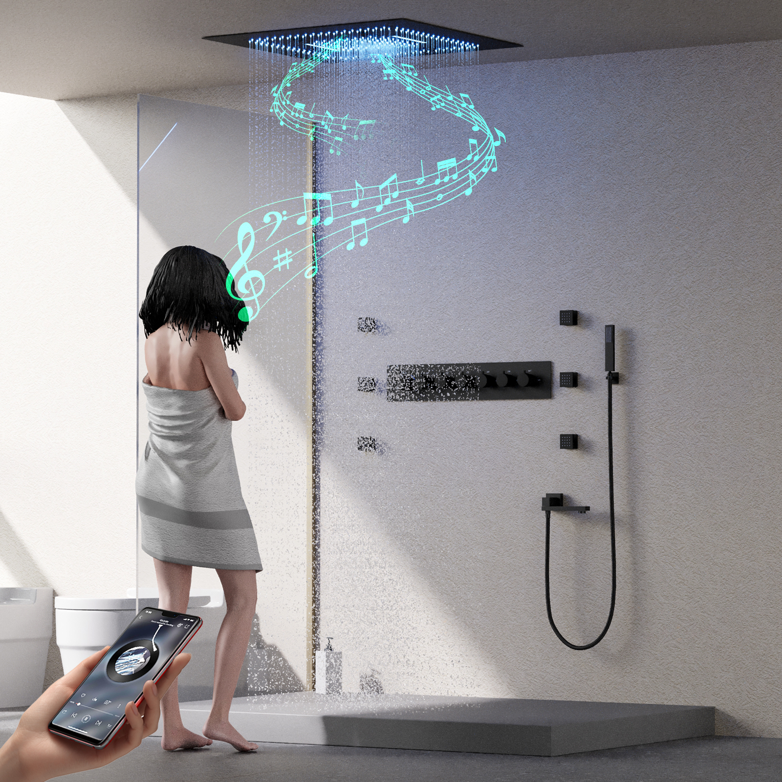 60X60CM BATHROOM THERMOSTAT SHOWER FAUCET WITH VALVE CONCEALED MUSIC SHOWER SET