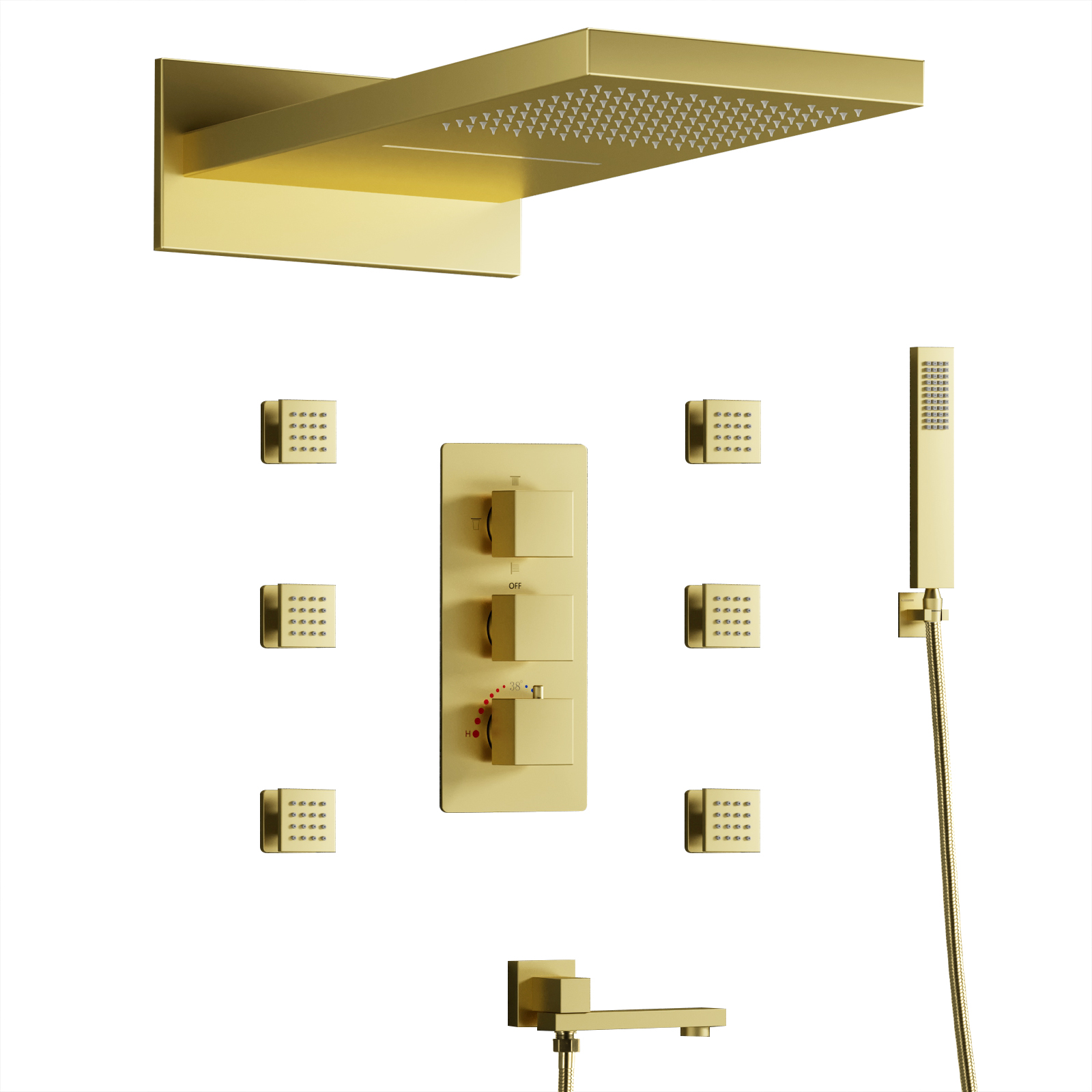 Luxury Gold Shower Head Set Shower Mixer Shower Rain Waterfall with Handheld Modern Square Faucet