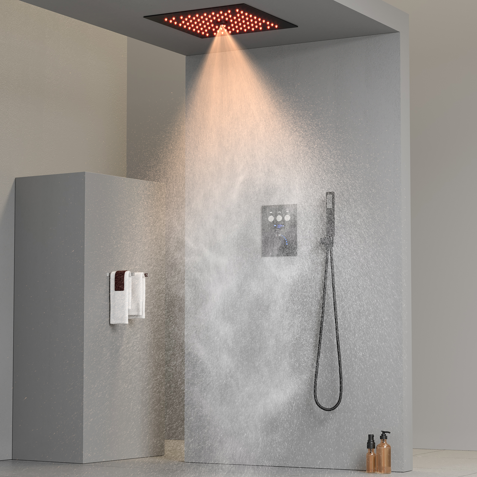 Matte Black Square LED Rain Shower Head Set Bathroom Thermostatic Shower Head System