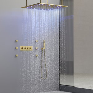 Brushed Gold Luxury Shower System Rain Led Shower Head Ceiling Rain Shower Thermostatic Mixing Valve Handheld Sprayer