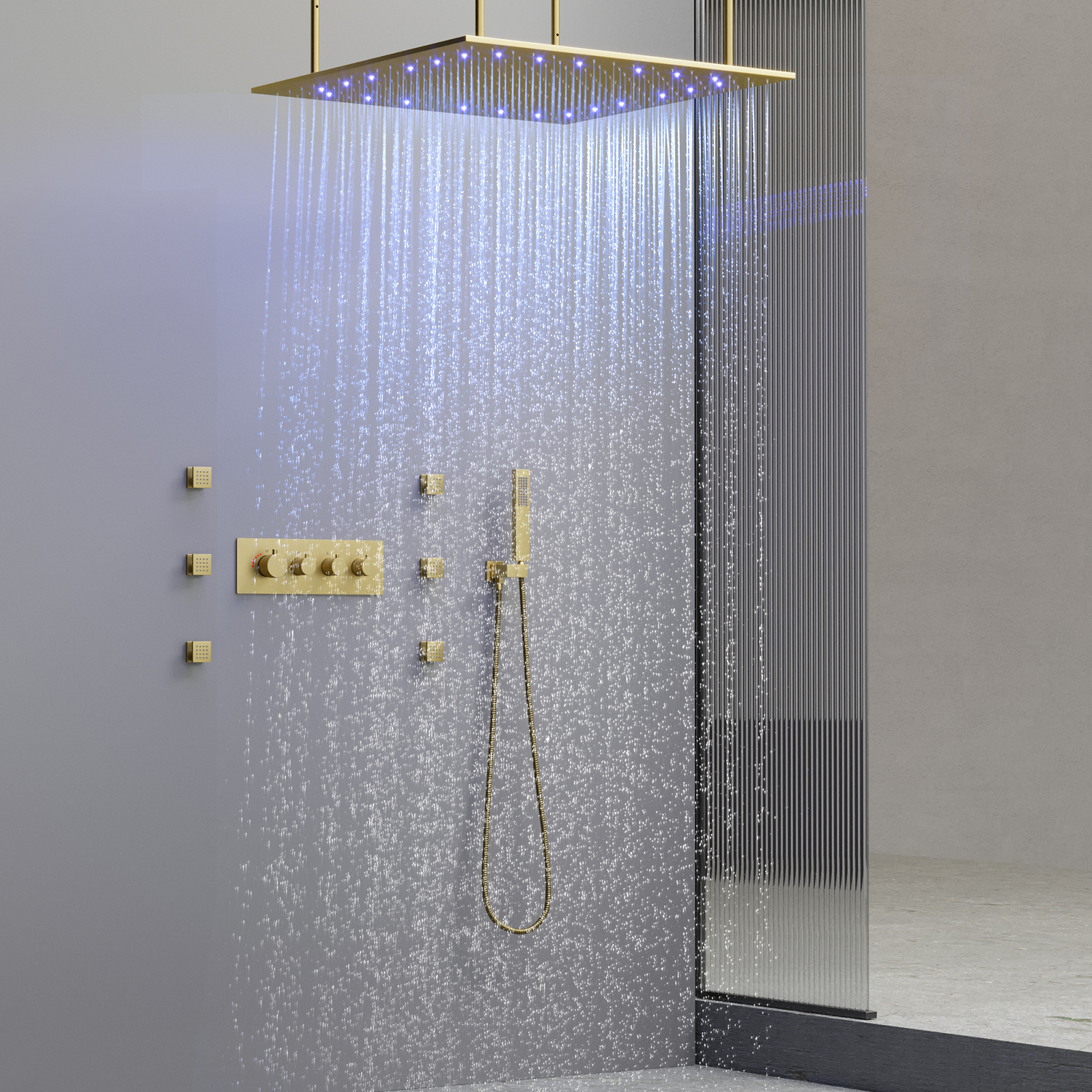Brushed Gold Luxury Shower System Rain Led Shower Head Ceiling Rain Shower Thermostatic Mixing Valve Handheld Sprayer
