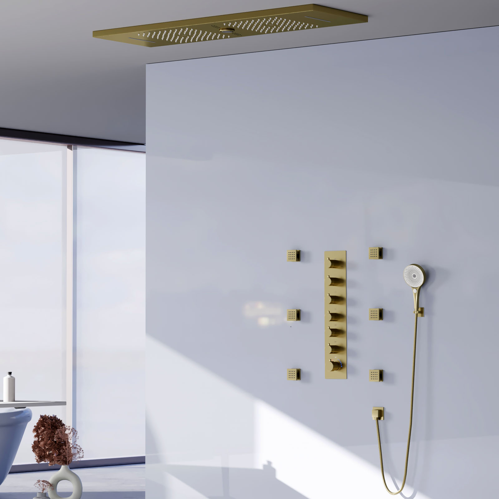 LED Bathroom Brushed Gold Shower Head System Rain Shower Waterfall System Thermostatic Shower Faucet Set