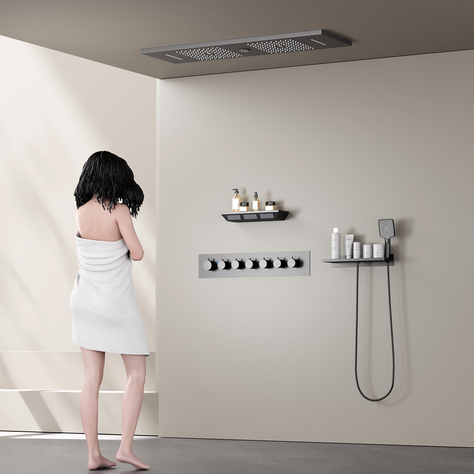 Ceiling Mounted Square Gun Grey LED Music Shower Head Set Rain Spray Thermostat Faucet with Side Showerhead