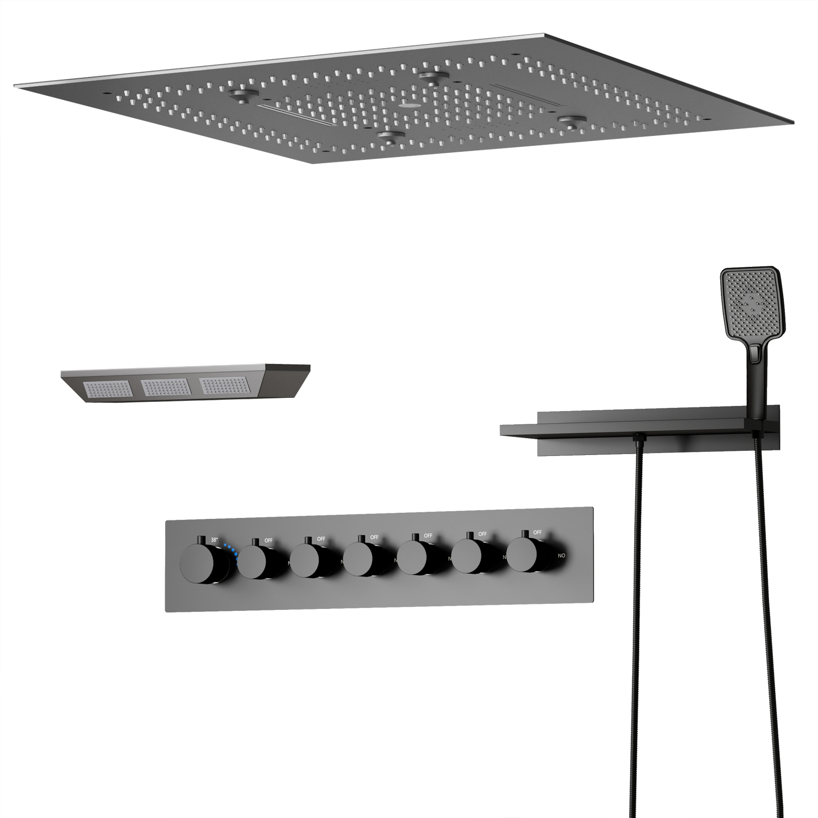 Bathtub Spa Gun Grey LED Shower Head Rain Shower Waterfall Multifunctional Recessed Ceiling Music Shower Set