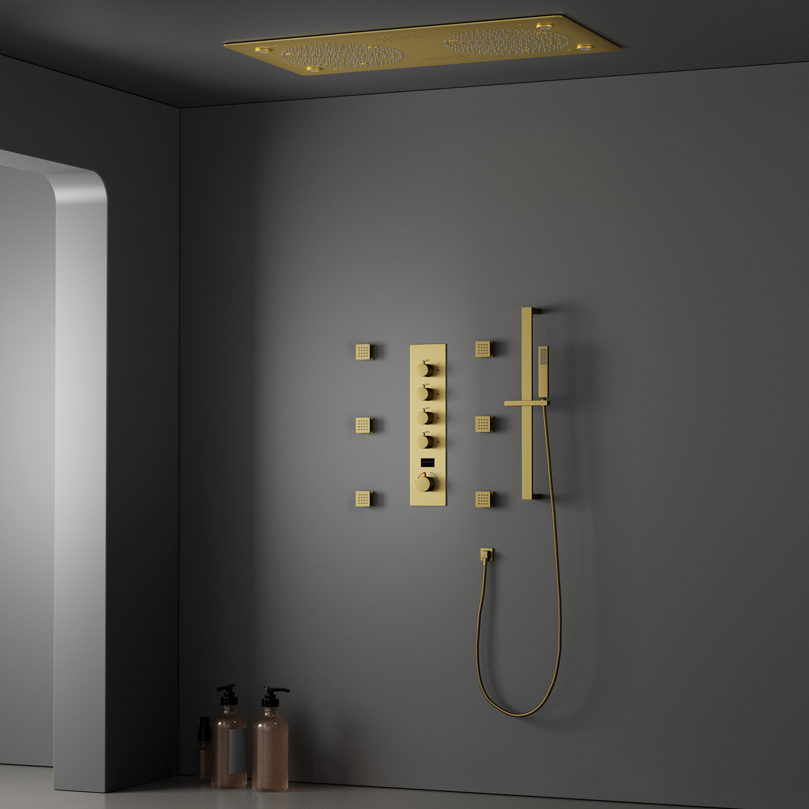 Brushed Gold LED Music Shower Ceiling Rain Thermostatic Shower Mixer System With 6 Pcs Body Jets