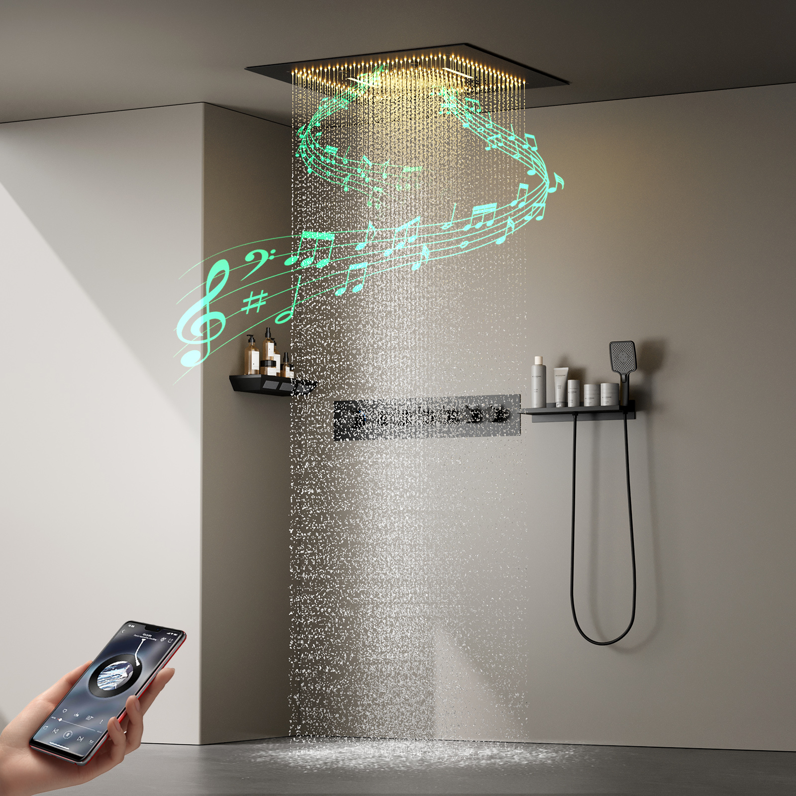 600*600mm Bathroom Ceiling LED Constant Temperature Shower Head Set with Rain Waterfall Multifunctional Shower Faucet Kit