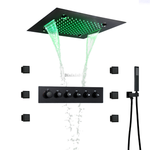 20 Inch LED Music Ceiling Shower Head Rainfall Waterfall Mist Thermostatic Brass Body Bathroom Shower Faucet Set