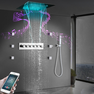 LED Shower Set Wall Mounted Thermostatic Brass Body Multifunction SPA Waterfall Mist Rain LED Music Shower System