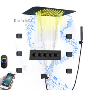 Ceiling Mounted 23*15 Inch Rain And Waterfall Shower Head With Music Speaker Bathroom Thermostatic LED Shower Faucet Set