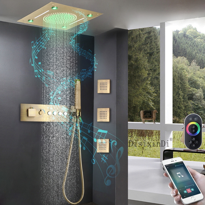 The New Antique Brass Music Led Shower System Ceiling Mounted 16 Inch Waterfall And Rain Shower Head Bathroom Shower Set