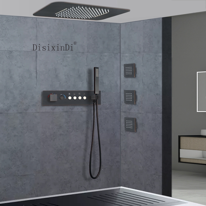Ceiling Embedded 23*15 Inch LED Shower Head With Music Speaker Rain Waterfall Bathroom Thermostatic Shower Faucet Set