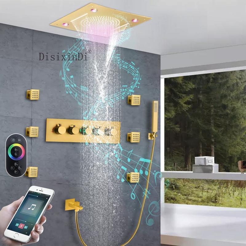 LED Music Bath & Shower Sets Luxury Brushed Gold 16 Inch Ceiling Waterfall Rainfall Head Shower