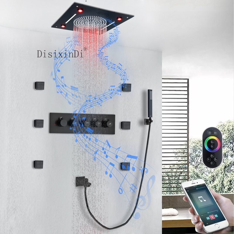 Ceiling Embedded Shower Set 400*400mm LED Shower Head with Music Speaker 5*5cm Body Jet Thermostatic Bathroom Shower System