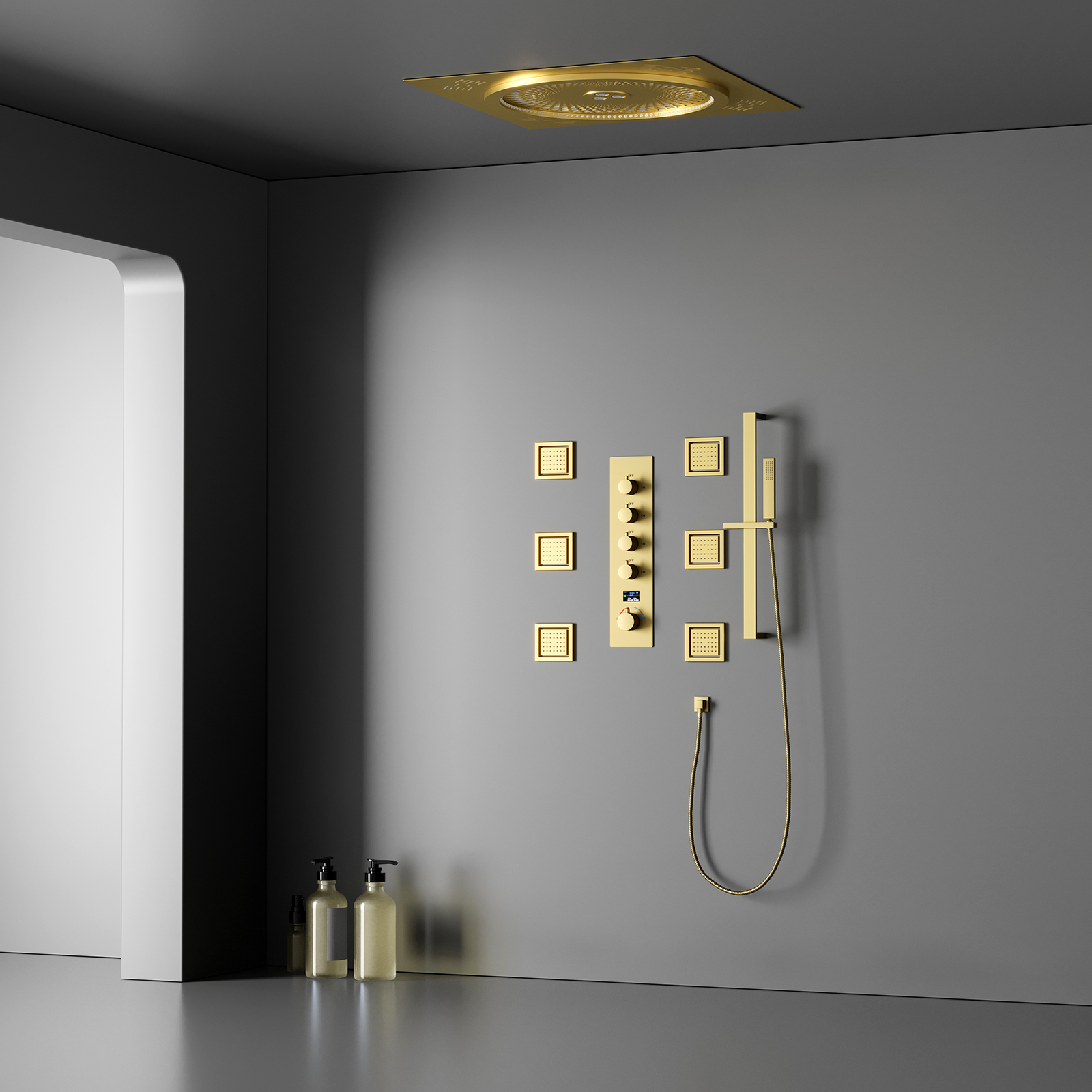 500*500mm Large Smart Shower Ceiling Embedded Bathroom Brushed Gold LED Music Constant Temperature Rain Shower Column