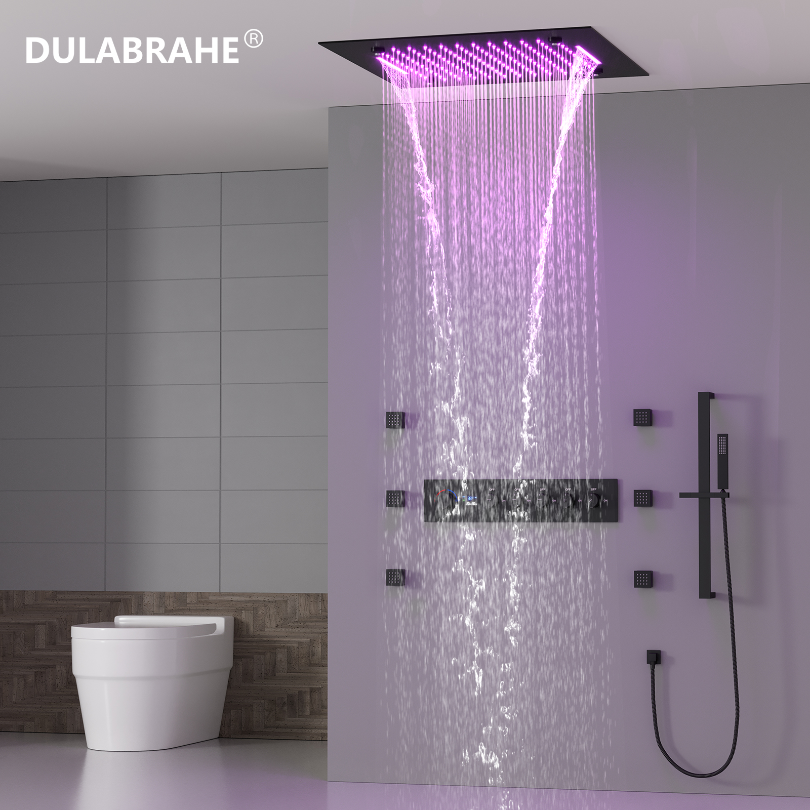 Faucet Set, Digital Display, LED Hot And Cold Mixing Valve, Matte Black Ceiling, Rain Shower, Hidden Shower, with Handheld Showerhead