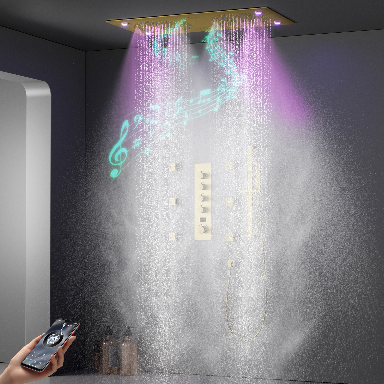 Hidden Ceiling Brushed Gold LED Music Shower System Thermostat Bathroom Shower Set with Lift Lever Handheld Shower