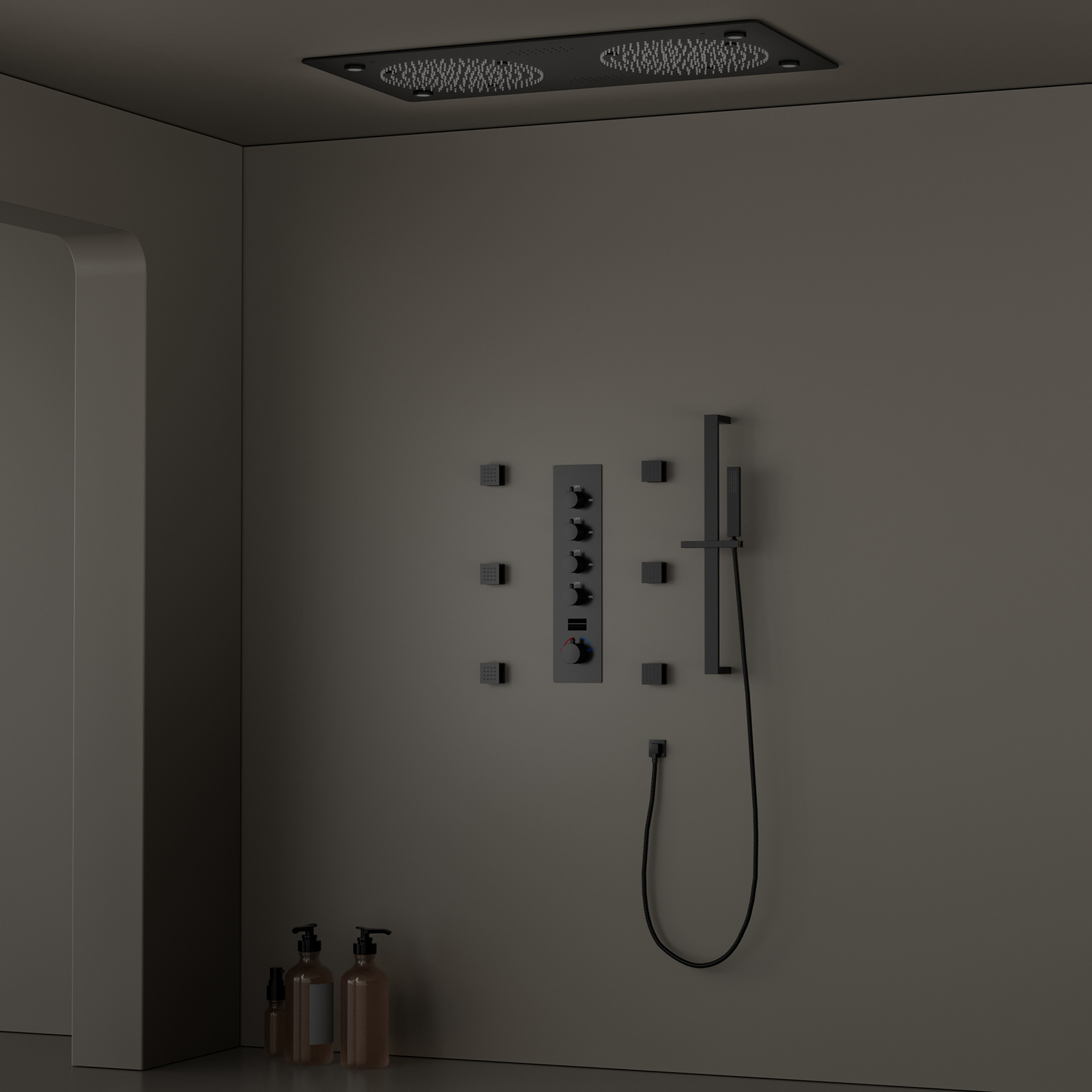 Modern Multifunctional 62x32CM Black Bathroom LED Music Shower Thermostatic Rain Shower Smart Shower Set