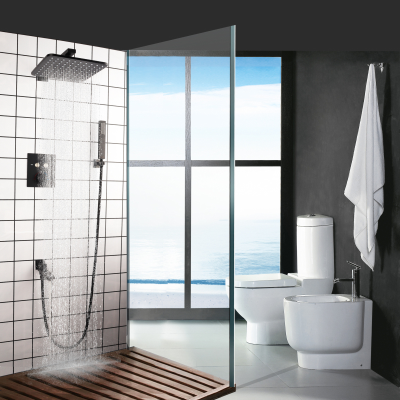 Luxury Matte Black Thermostatic Push Button Bath Shower Mixer Wall Rainfall With Hand Hold