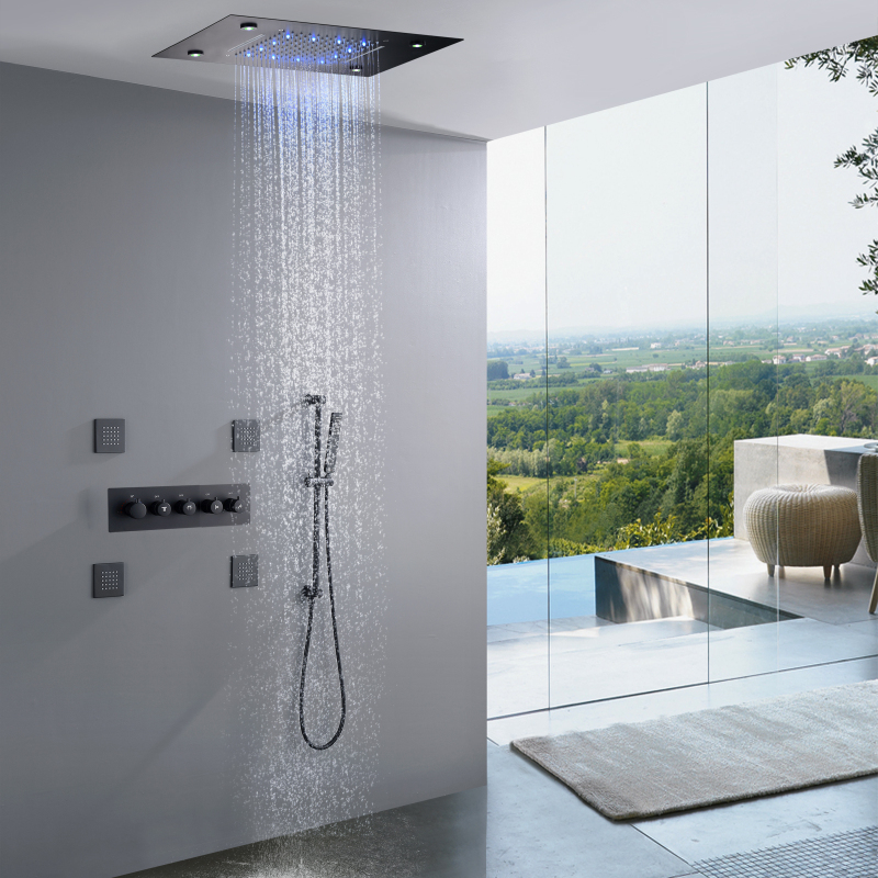 Matte Black Wall Mounted Shower Faucet Set LED Thermostatic Conceal Shower System 14 X 20 Inch Waterfall Rain Shower Head