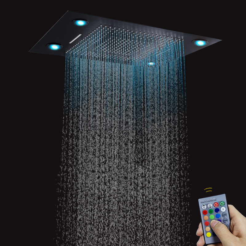 Matte Black 80X60 CM Bathroom Shower Mixer With LED Control Remote Panel Rainfall Shower Waterfall Atomizing Rainfall