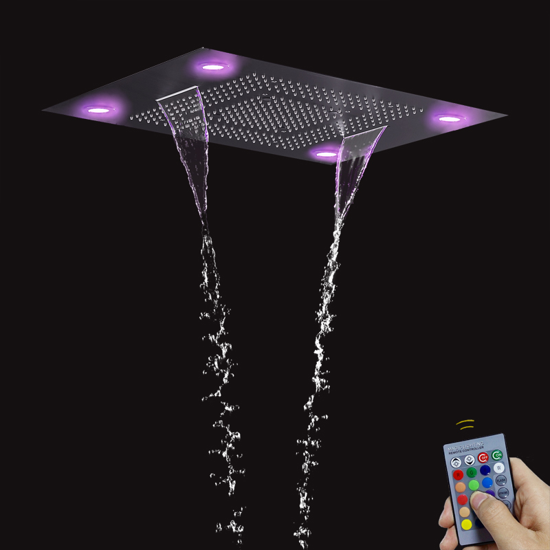 Matte Black 80X60 CM Bathroom Multifunction Shower Head With LED Control Remote Panel Shower Waterfall Atomizing Bubble