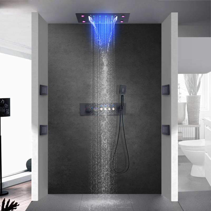 Matte Black 500*360MM Constant Temperature Digital Display Bathroom Shower Set System With Hand Shower Spray Jets