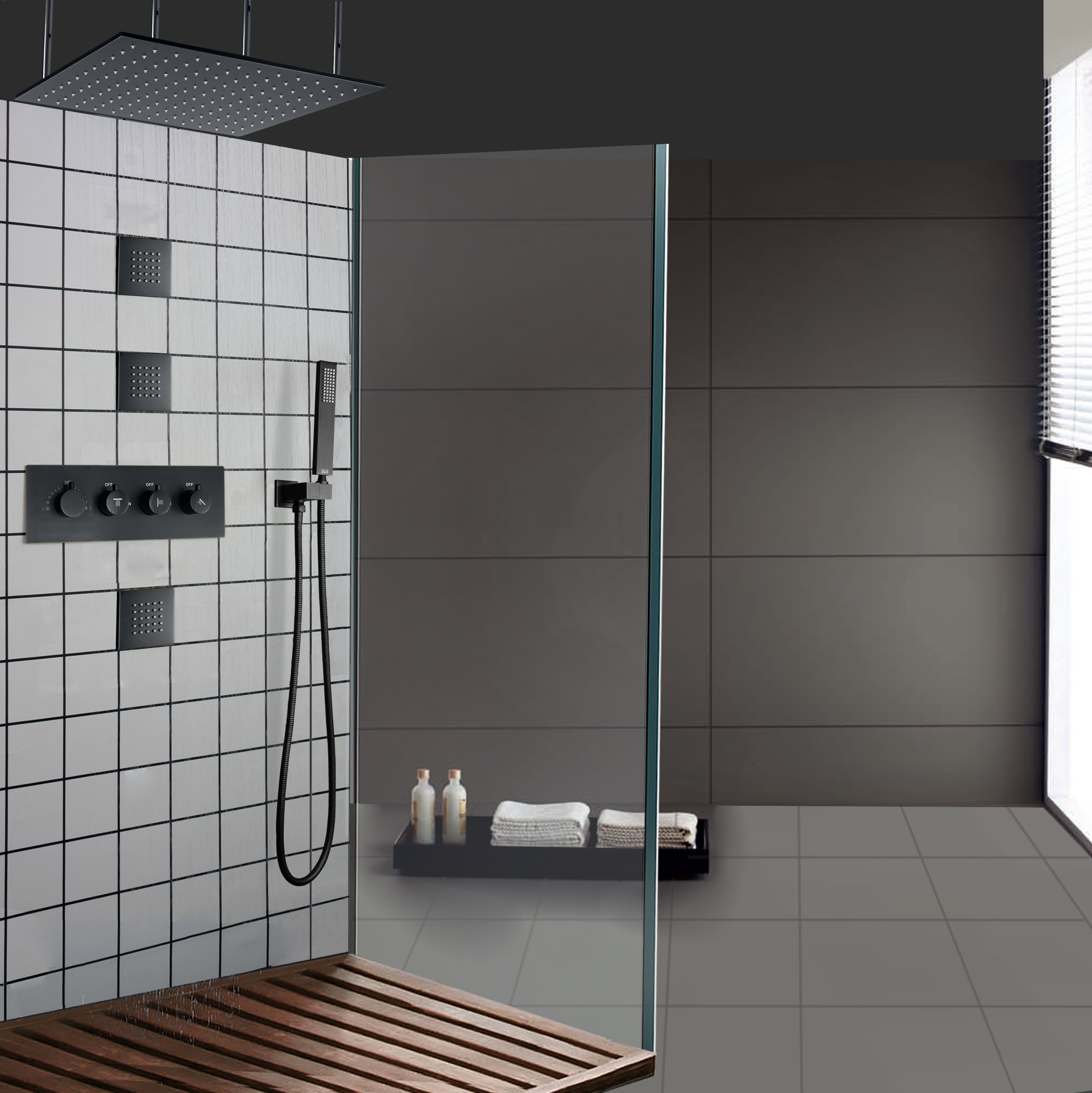 Matte Black LED Thermostatic Bath Shower Faucets Bathroom Ceiling Rainfall Massage Shower Set