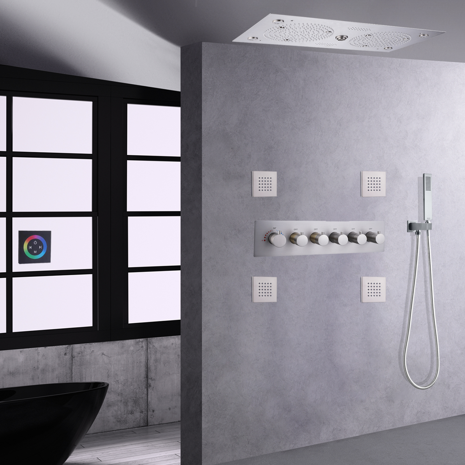 Brushed Nickel LED Wall Mounted Music Shower Thermostatic High Flow Rainfall Shower Faucet