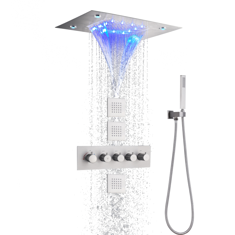 Brushed Nickel LED Shower Set Thermostatic Waterfall Rainfall With Hand Held Bath & Shower Faucets