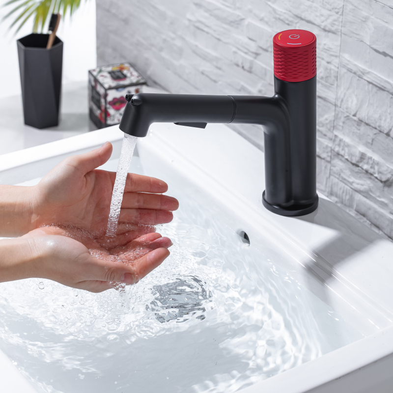 Black + Red Pull Out Basin Faucet Bathroom Sanitary Ware Hot And Cold Faucet Sink