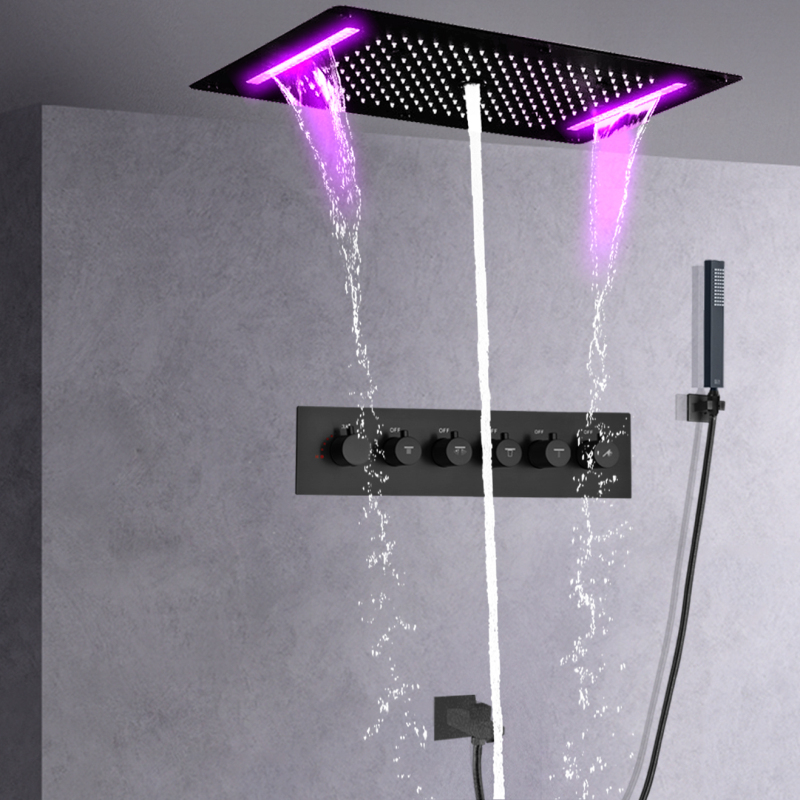 Bathroom Luxury Multi-function LED Oversized 380*700 MM Shower Head Matte Black Thermostatic Embedded Ceiling Shower Faucet Set