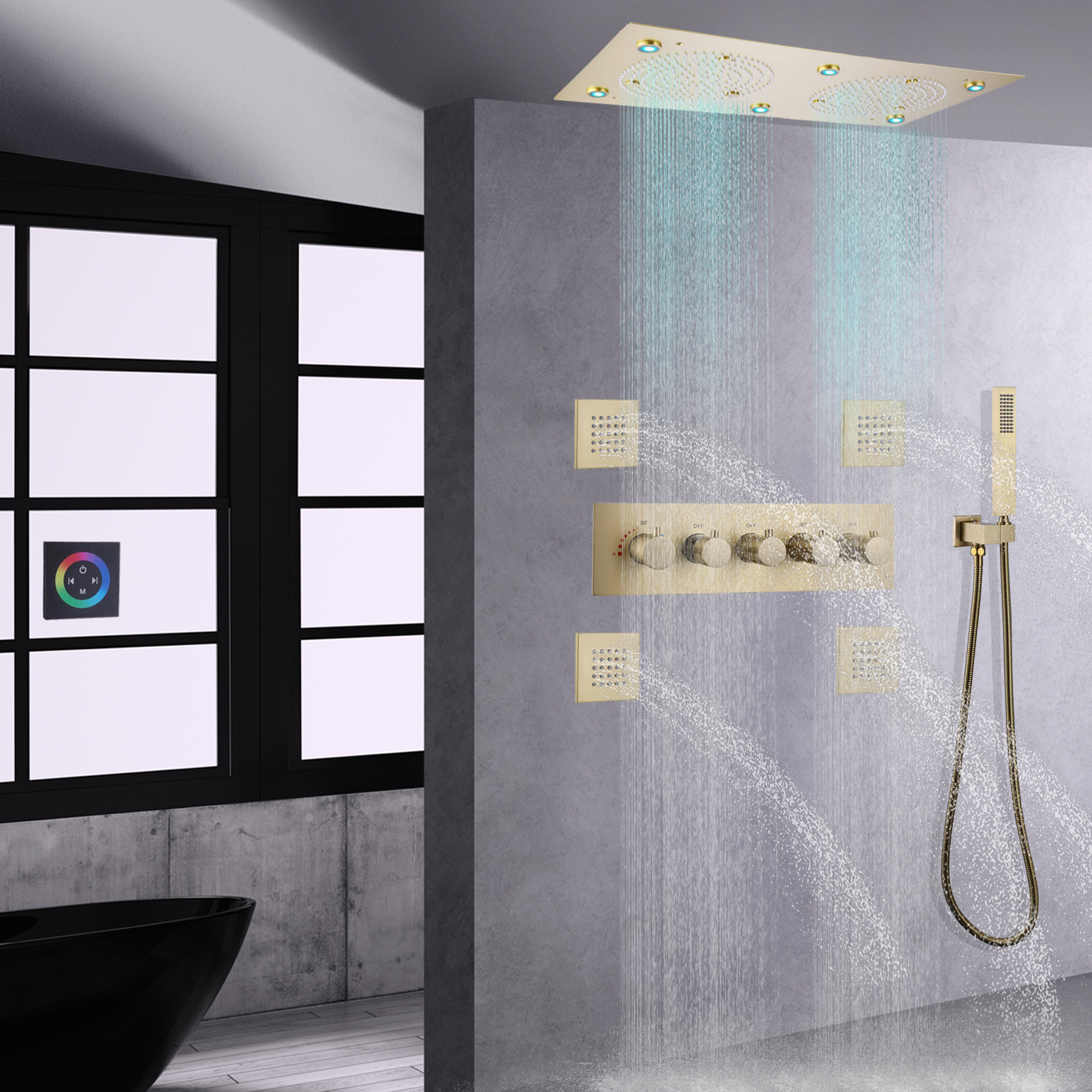 Brushed Gold 62*32 CM LED Wall Mounted Shower Thermostatic High Flow Rainfall Shower Faucet