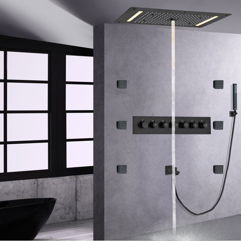 Matte Black Shower System 70X38 CM LED Bathroom Thermostatic Multifunction Shower Set With Handheld
