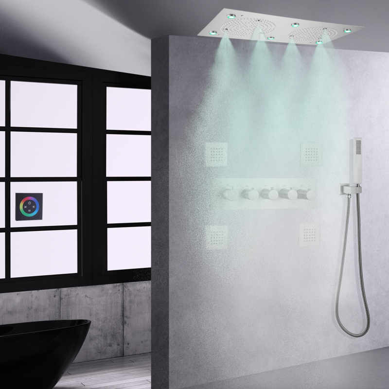 Brushed Nickel Thermostatic Shower Head 24*12 Inch LED Bathroom Shower Rainfall Atomizing Shower Set With Handheld
