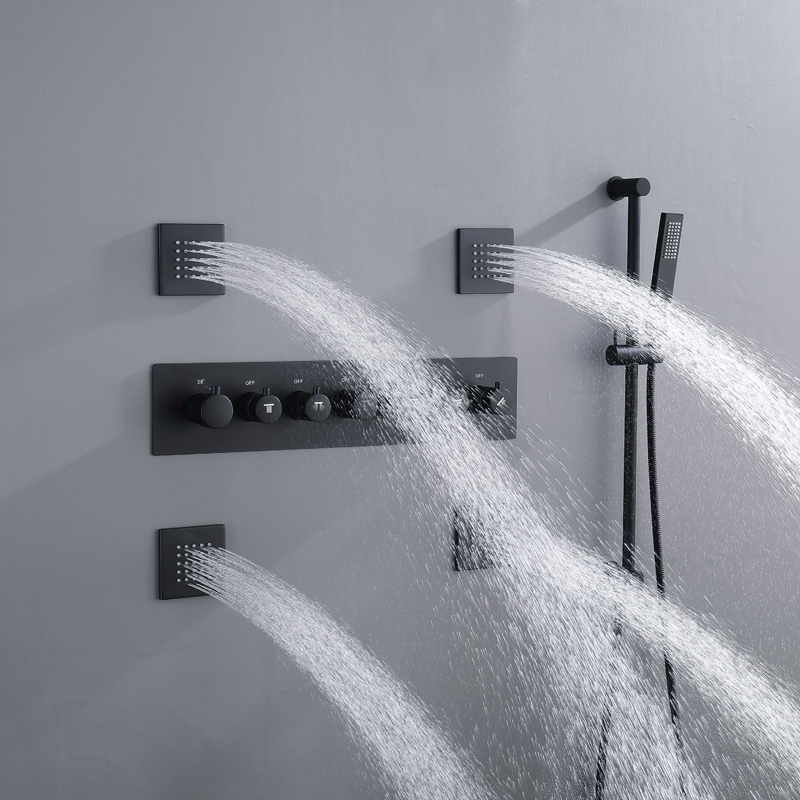 Luxury Thermostatic Bath Shower Set Thermostatic Conceal Valve 14 X 20 Inch Waterfall And Rain LED Ceil Shower Head