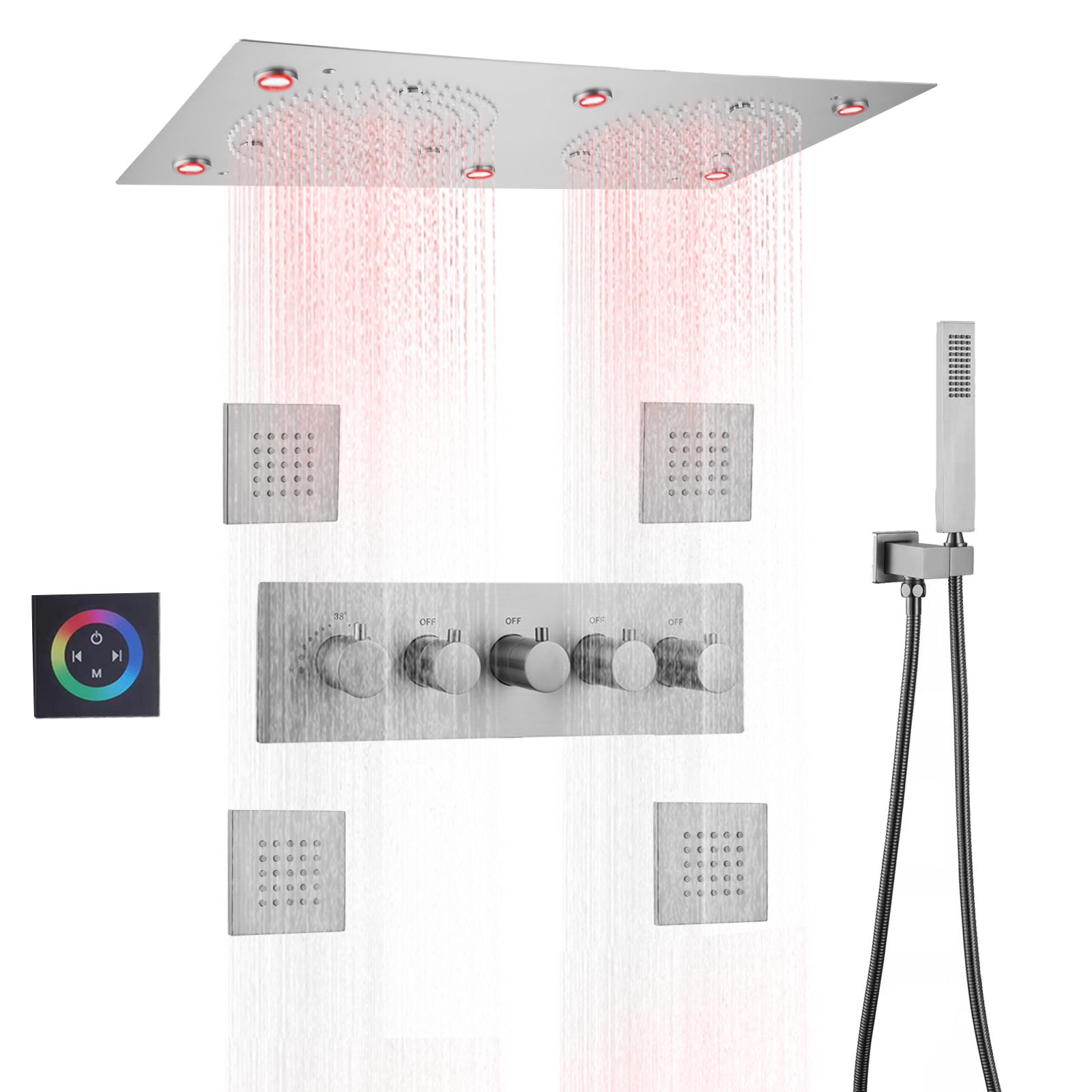 Modern Brushed Nickel LED Shower System Set Bathroom Thermostatic Wall-mounted Rain Mist