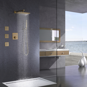 Brushed Gold Shower Faucet Bathroom Thermostatic Ceiling Rainfall Pressure Handheld Shower