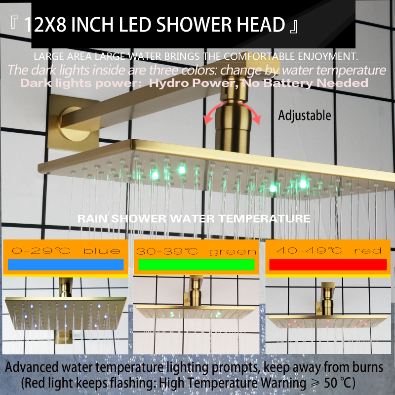 12X8 Inch LED Brushed Gold Thermostatic Push Button Bathroom Shower Faucet Set Rainfall Shower System