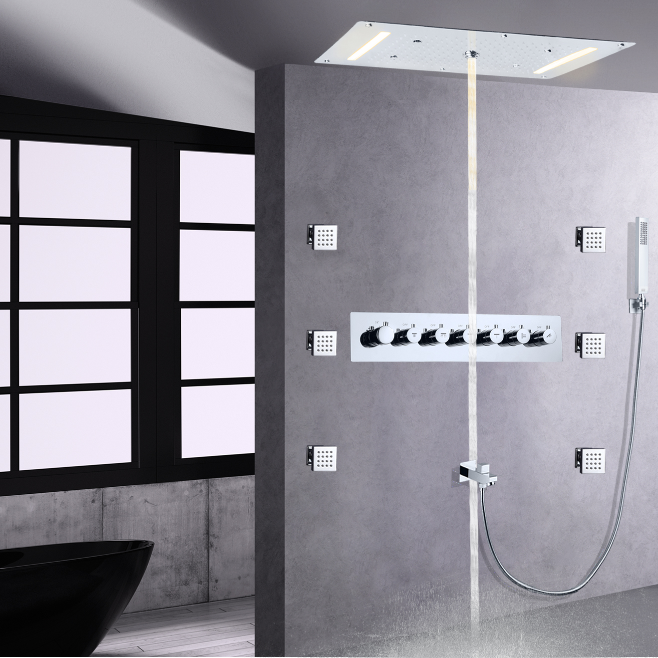 Chrome Polished Thermostatic Shower Faucet Set High Flow LED Bathroom Ceiling Mist Rain Waterfall