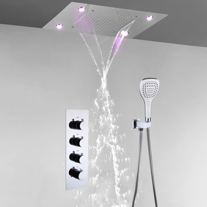 SUS 304 Stainless Steel 20*14 Inch 7 Colors LED Waterfall Rainfall Shower Head Thermostatic Shower Faucet Set