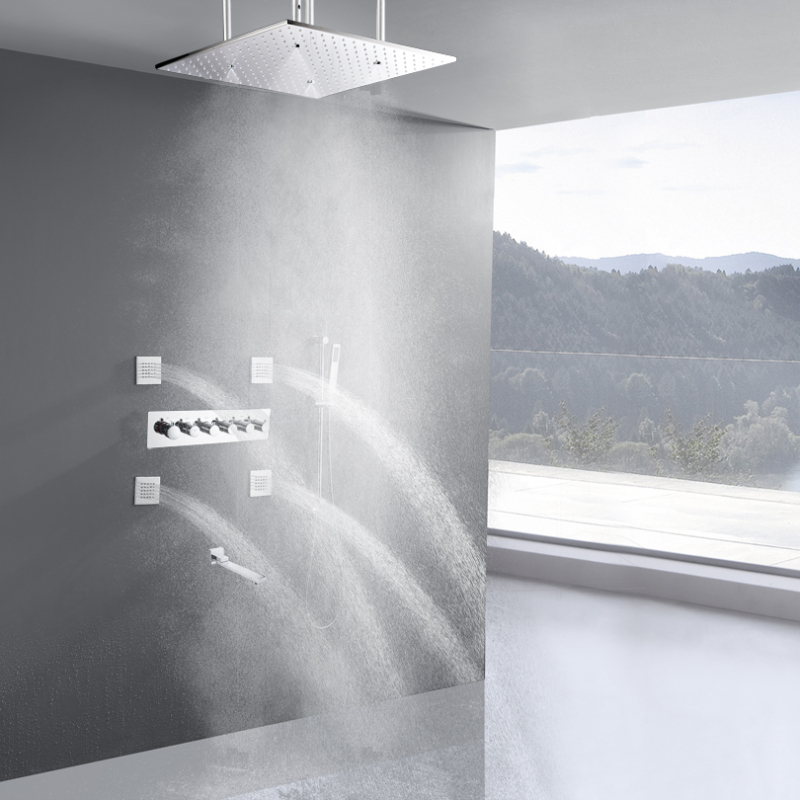 Chrome Polished Thermostatic Bath Shower Set 20 Inch Shower Atomizing Rain LED Spa Ceiling Mounted Shower System