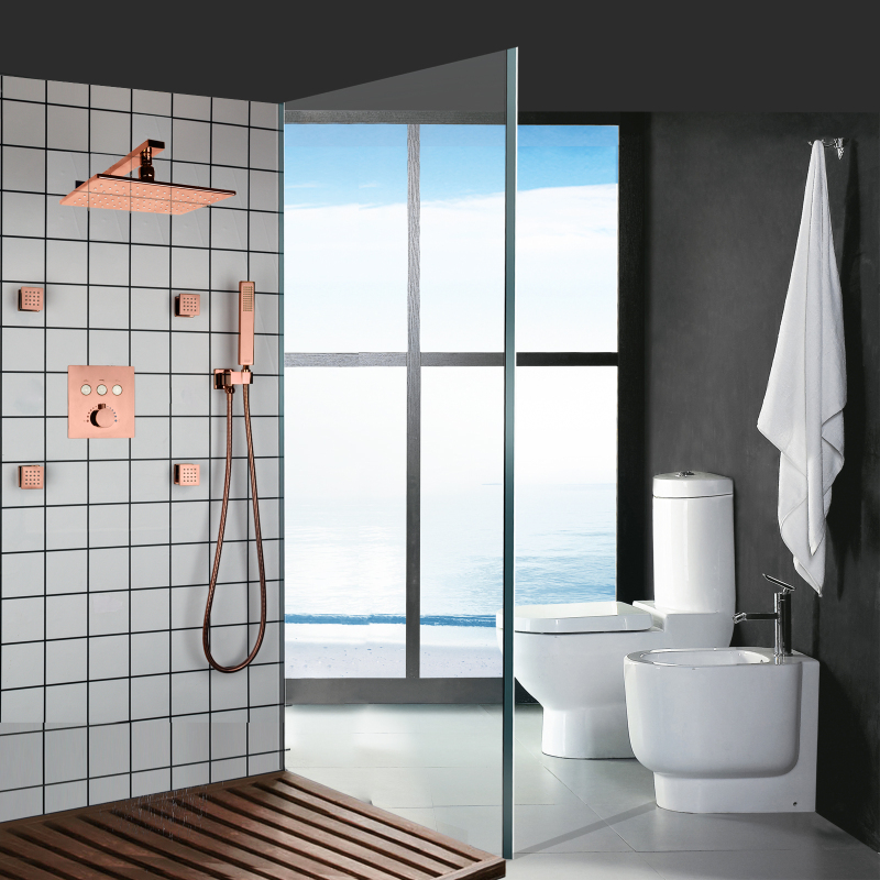 12X8 Inch Rectangular Rose Gold Thermostatic Bathroom Shower Faucet Set Push Button Valve LED Wall Rain Shower Head