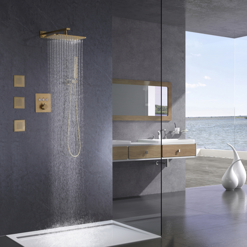 Brushed Gold Thermostatic Shower Mixer 28X18 CM Bathroom In-Wall Installation Massage Rainfall Spray Shower