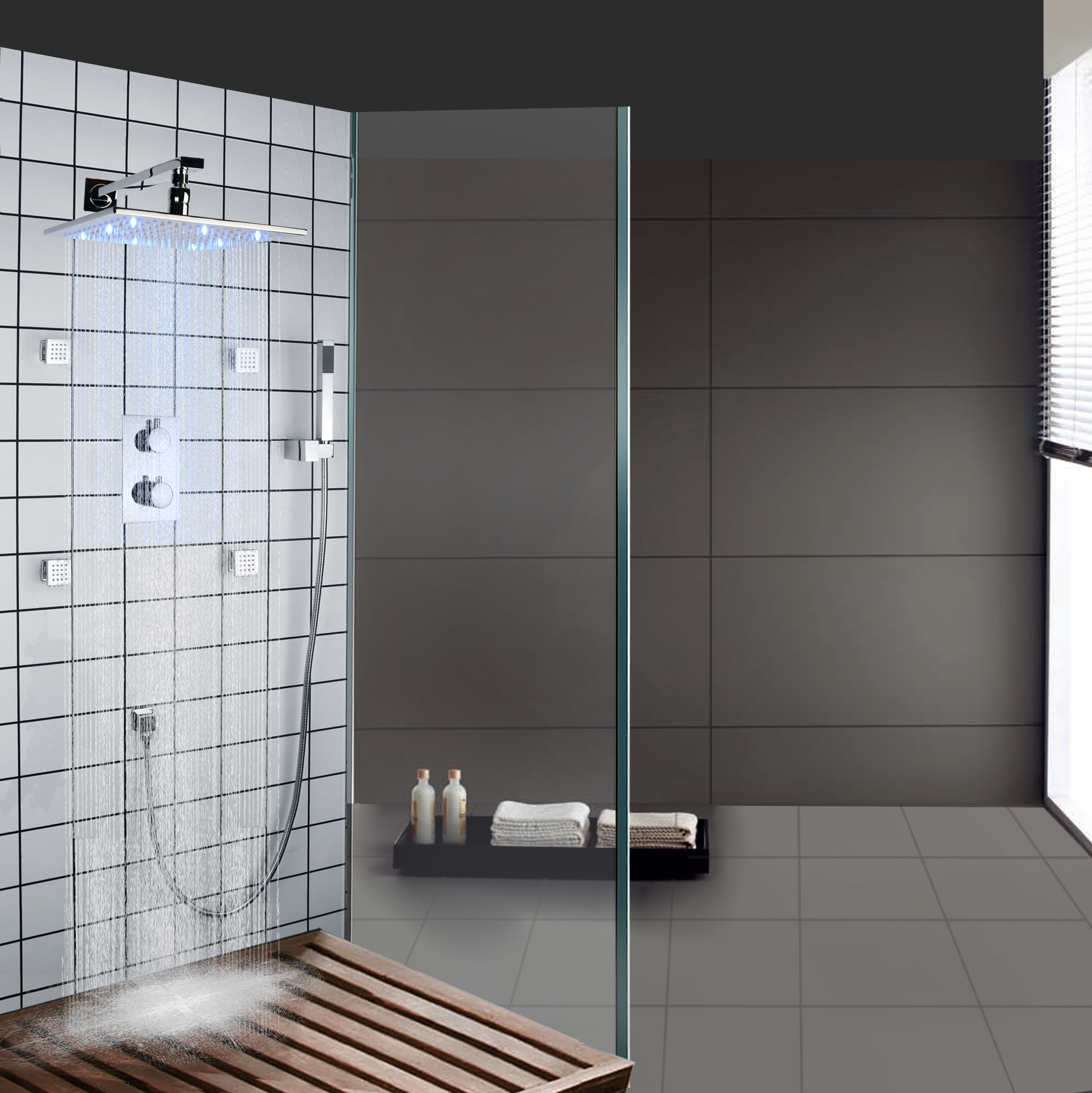 Chrome Polished Bathroom Furniture Shower System Panel Rainfall Set Of Nozzles Handheld
