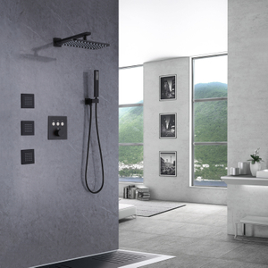 Top-end Matte Black Thermostatic Wall Mount Shower Faucet Rainfall Handheld of Nozzles Shower Set
