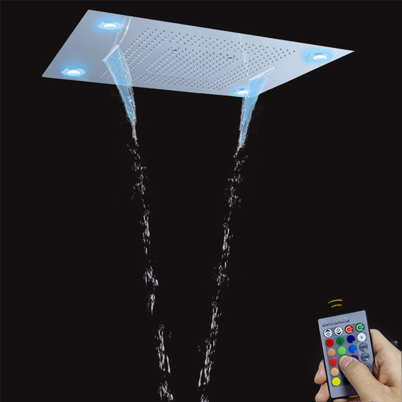 Chrome Polished 80X60 CM Bathroom Spa Shower Faucets With LED Control Remote Panel Bubble Mist Rain Waterfall Functions