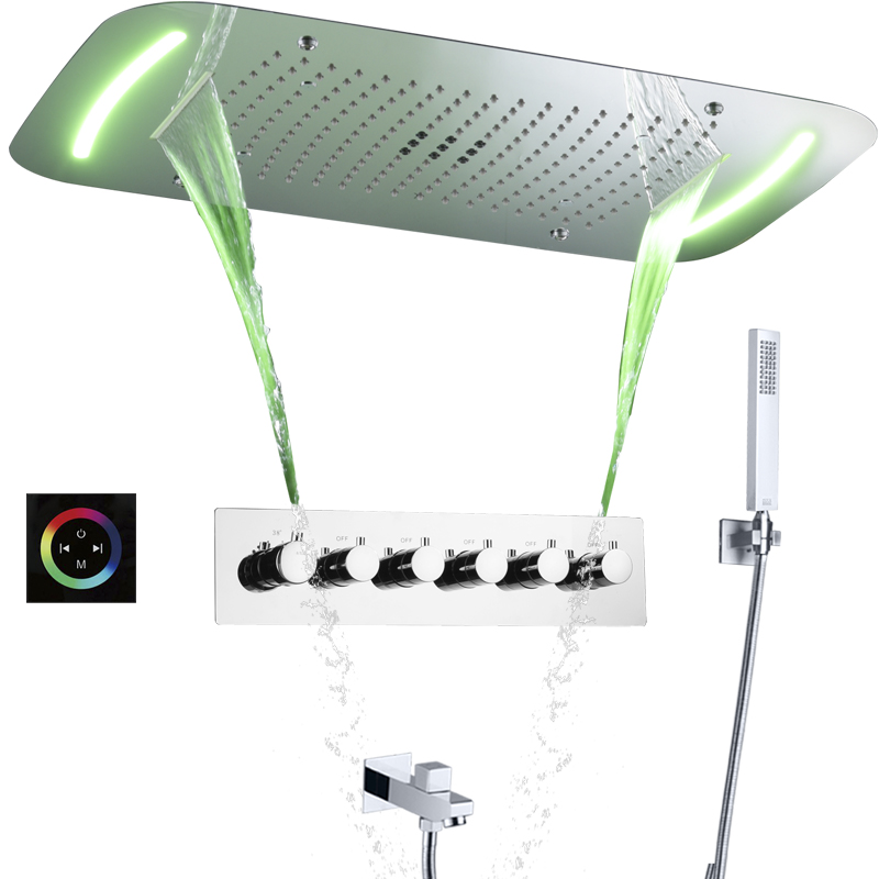 Rectangular Thermostatic Multi-Functions Waterfall Rainfall Shower Head Embed Ceiling LED light Bathroom Shower faucet