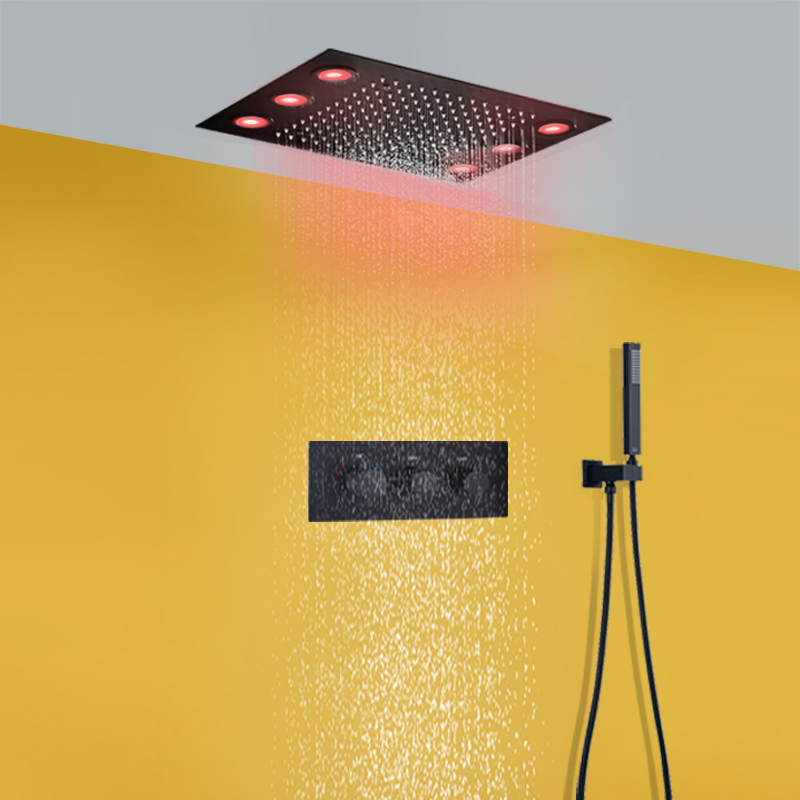 Matt Black 360x500 MM LED Ceiling Rainfall Shower Head Ceiling Recessed Thermostatic Two Functions Shower Mixer Set